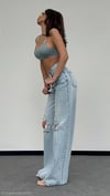 Yüksek Bel Yırtık Detaylı Wide Leg Pamuklu Jean Pantolon