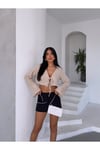 Kadın Bej Önden Bağlamalı Müslin Kumaş Crop Bluz  HZL25S-DSB104071