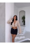Kadın Bej Önden Bağlamalı Müslin Kumaş Crop Bluz  HZL25S-DSB104071