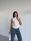 Kadın Beyaz Balıkçı Yaka Sıfır Kol Sandy Crop Bluz HZL26S-FRY123931