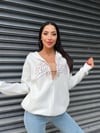 Kadın Beyaz Baskılı Kapüşonlu Fermuarlı Oversize Sweatshirt HZL24W-ZK12741