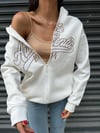 Kadın Beyaz Baskılı Kapüşonlu Fermuarlı Oversize Sweatshirt HZL24W-ZK12741
