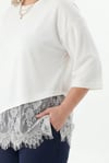 Kadın Beyaz Büyük Beden Bisiklet Yaka Tül Detaylı Yarım Kol T-Shirt HZL26S-ZSS19521