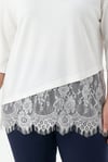Kadın Beyaz Büyük Beden Bisiklet Yaka Tül Detaylı Yarım Kol T-Shirt HZL26S-ZSS19521