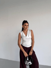 Kadın Beyaz Degaje Yaka Yanlardan Drapeli Sandy Bluz HZL25S-FRY123131