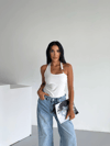 Kadın Beyaz Ottoman Kumaş Halter Yaka Toka Detay Bluz HZL26W-BD123321