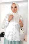 Kadın Beyaz Tesettür Küçük ve Büyük Bedenler Hafif Dökümlü Saten Yüzeyli Gömlek HZL25W-BD139641