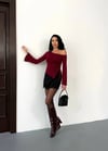 Kadın Bordo Asimetrik Kesim İspanyol Kol Beli Büzgülü Sandy Bluz HZL25W-FRY123591