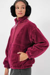 Kadın Bordo Baskılı Fermuarlı Suni Yünlü Astarlı Peluş Ceket HZL25W-BD151941