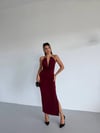 Kadın Bordo Boyundan Aksesuarlı Yandan Yırtmaçlı Midi Boy Sandy Elbise HZL26S-FRY123841