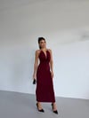 Kadın Bordo Boyundan Aksesuarlı Yandan Yırtmaçlı Midi Boy Sandy Elbise HZL26S-FRY123841