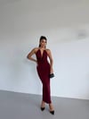 Kadın Bordo Boyundan Aksesuarlı Yandan Yırtmaçlı Midi Boy Sandy Elbise HZL26S-FRY123841