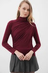 Kadın Bordo Büzgü Detay Balıkçı Yaka Sandy Bluz HZL25W-BD19251