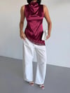 Kadın Bordo Halter Yaka Asimetrik Kesim Saçak Detay Saten Bluz HZL26S-FRY123911