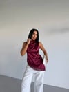 Kadın Bordo Halter Yaka Asimetrik Kesim Saçak Detay Saten Bluz HZL26S-FRY123911