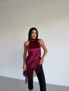 Kadın Bordo Halter Yaka Dantel İşlemeli Asimetrik Saten Bluz HZL26S-FRY123901