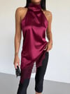 Kadın Bordo Halter Yaka Dantel İşlemeli Asimetrik Saten Bluz HZL26S-FRY123901