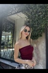 Kadın Bordo Katlamalı Straplez Bluz HZL24S-ZK11301
