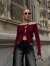 Kadın Bordo Önden Bağlamalı Madonna Yaka Crop Bluz HZL25W-ZK10331