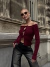 Kadın Bordo Önden Bağlamalı Madonna Yaka Crop Bluz HZL25W-ZK10331