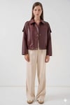 Kadın Bordo Oversize Fermuarlı ve Düğmeli Yandan Cepli Suni Deri Ceket HZL25W-BD110551