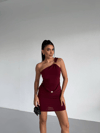 Kadın Bordo Tek Omuz Gold Aksesuarlı Sandy Mini Elbise HZL26W-FRY123781