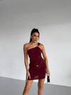 Kadın Bordo Tek Omuz Gold Aksesuarlı Sandy Mini Elbise HZL26W-FRY123781