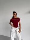 Kadın Bordo Tek Omuz Transparan Tül Detaylı Şık Sandy Bluz HZL26S-FRY123871
