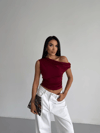 Kadın Bordo Yandan Drapeli Kayık Yaka Sandy Bluz HZL25S-FRY123201