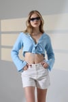 Kadın Buz Mavi Önden Bağlamalı Müslin Kumaş Crop Bluz HZL25S-DSB104071