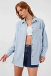 Kadın Buz Mavi Oversize Çift Cepli Keten Gömlek HZL22S-BD1201261