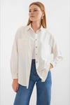 Kadın Ekru Oversize Çift Cepli Keten Gömlek HZL22S-BD1201261