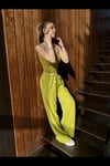 Kadın Fıstık Yeşil Cepli Beli Lastikli Bol Paça Keten Pantolon HZL24S-ZK11051