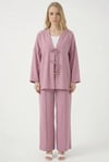 Kadın Gül Kurusu Keten Bağlama Detaylı Kimono Pantolon İkili Takım HZL26S-BD167271