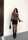 Kadın Kahve Asimetrik Kesim İspanyol Kol Beli Büzgülü Sandy Bluz HZL25W-FRY123591