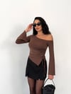 Kadın Kahve Asimetrik Kesim İspanyol Kol Beli Büzgülü Sandy Bluz HZL25W-FRY123591