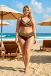 Kadın Kahverengi Desenli Yüksel Bel Astarlı Büyük Beden Bikini Takımı HZL25S-LC22315-5