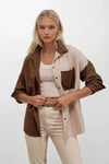 Kadın Kahverengi Krem Renk Bloklu  Poplin Basic Gömlek HZL22S-BD1201161