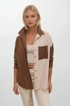 Kadın Kahverengi Krem Renk Bloklu  Poplin Basic Gömlek HZL22S-BD1201161