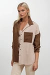 Kadın Kahverengi Krem Renk Bloklu  Poplin Basic Gömlek HZL22S-BD1201161
