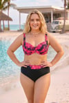 Kadın Kırmızı Siyah Büyük Beden Barok Desenli Yüksel Bel Toparlayıcı Bikini Takımı HZL26S-LC6138-2
