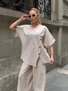 Kadın Krem Çizgili Düğme Detaylı Bluz Pantolon Keten İkili Takım HZL26S-VL14271