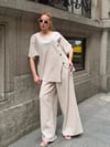Kadın Krem Çizgili Düğme Detaylı Bluz Pantolon Keten İkili Takım HZL26S-VL14271