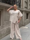 Kadın Krem Çizgili Düğme Detaylı Bluz Pantolon Keten İkili Takım HZL26S-VL14271