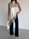 Kadın Krem Halter Yaka Dantel İşlemeli Asimetrik Saten Bluz HZL26S-FRY123901