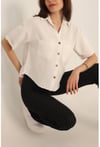 Kadın Krem Kısa Kollu Oversize Çift Cepli Keten Gömlek HZL24S-BD1201801