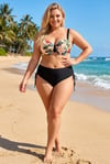 Kadın Krem Siyah Yaprak Desen Büyük Beden Bikini Takım HZL26S-LC3332