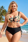 Kadın Krem Siyah Yaprak Desen Büyük Beden Bikini Takım HZL26S-LC3332
