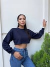 Kadın Lacivert Basic Bisiklet Yaka Uzun Kollu Crop Sweatshirt HZL24W-ZK11351