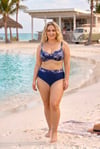 Kadın Lacivert Büyük Beden Barok Desenli Yüksel Bel Toparlayıcı Bikini Takımı HZL26S-LC6138-2